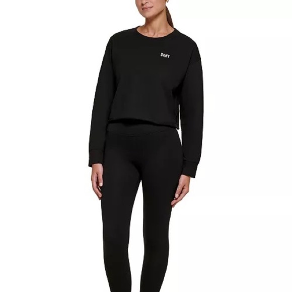 Dkny Tops - DKNY Sport Metallic Logo Crop Black Fleece Women’s Sweatshirt Size Large NWT